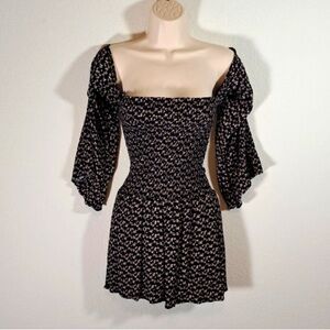 Sage Women’s Romper Small Black Ditsy Floral Smocking Off Shoulder Bell Sleeve